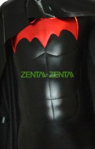 3D Muscle B-guy Costume | Black And Red Shiny Metallic Zentai Suit With Cape 2 3D Muscle B-guy Costume | Black And Red Shiny Metallic Zentai Suit With Cape - Image 2