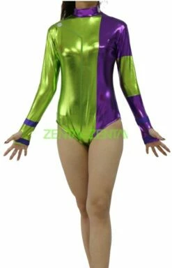 Caitlin Fairchild Green And Purple Shiny Metallic Zentai Costumes