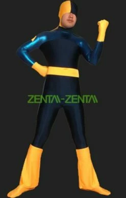 Navy And Wheat Spandex Lycra And Shiny Metallic Catsuit Clothing