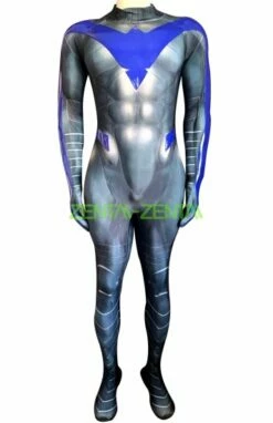 Nightwing Printed Spandex Lycra Costume With Blue PU And Muscle Padding