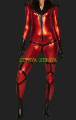 Red And Black Shiny Metallic Female Warrior Zentai Suit