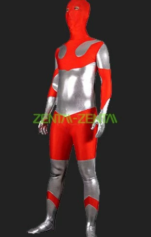 Red And Silver Shiny Metallic And Spandex Lycra Full Body Suit / Zentai Suit 1 Red And Silver Shiny Metallic And Spandex Lycra Full Body Suit / Zentai Suit
