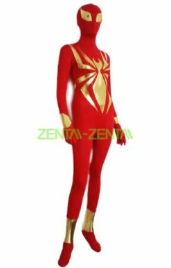 Red S-guy Costume | Red And Gold Spandex Lycra Shiny Metallic Zentai Suit