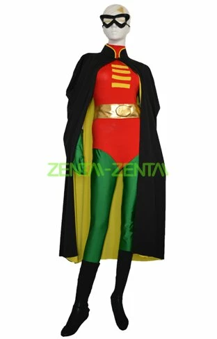 Robin Costume | Red And Green Spandex Lycra Leotard With Gloves And Cape 1 Robin Costume | Red And Green Spandex Lycra Leotard With Gloves And Cape