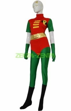 Robin Costume | Red And Green Spandex Lycra Leotard With Gloves
