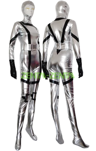 Silver And Black Shiny Metallic Super Hero Zentai Suit 1 Silver And Black Shiny Metallic Super Hero Zentai Suit
