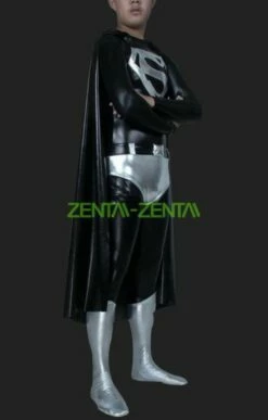 Superman! Black And Silver Super Hero Shiny Metalic Zentai (No H