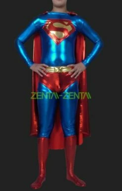 Superman! Blue And Red Shiny Metallic Super Hero Zentai With Cap