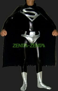 Superman Costume | Black And Silver Shiny Zentai Suit With Cap