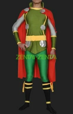 Thor Costume | Green And Red Spandex Lycra Super Hero Catsuit With Cap